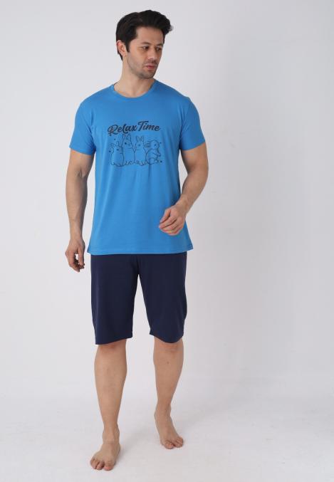 Pijama barbat cu maneca scurta si pantaloni 3/4, culoare albastru, Engros